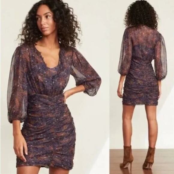 Veronica Beard "Kerri" Vintage-Inspired Print Silk Dress, Ruched Skirt, Size 6 - Picture 1 of 10